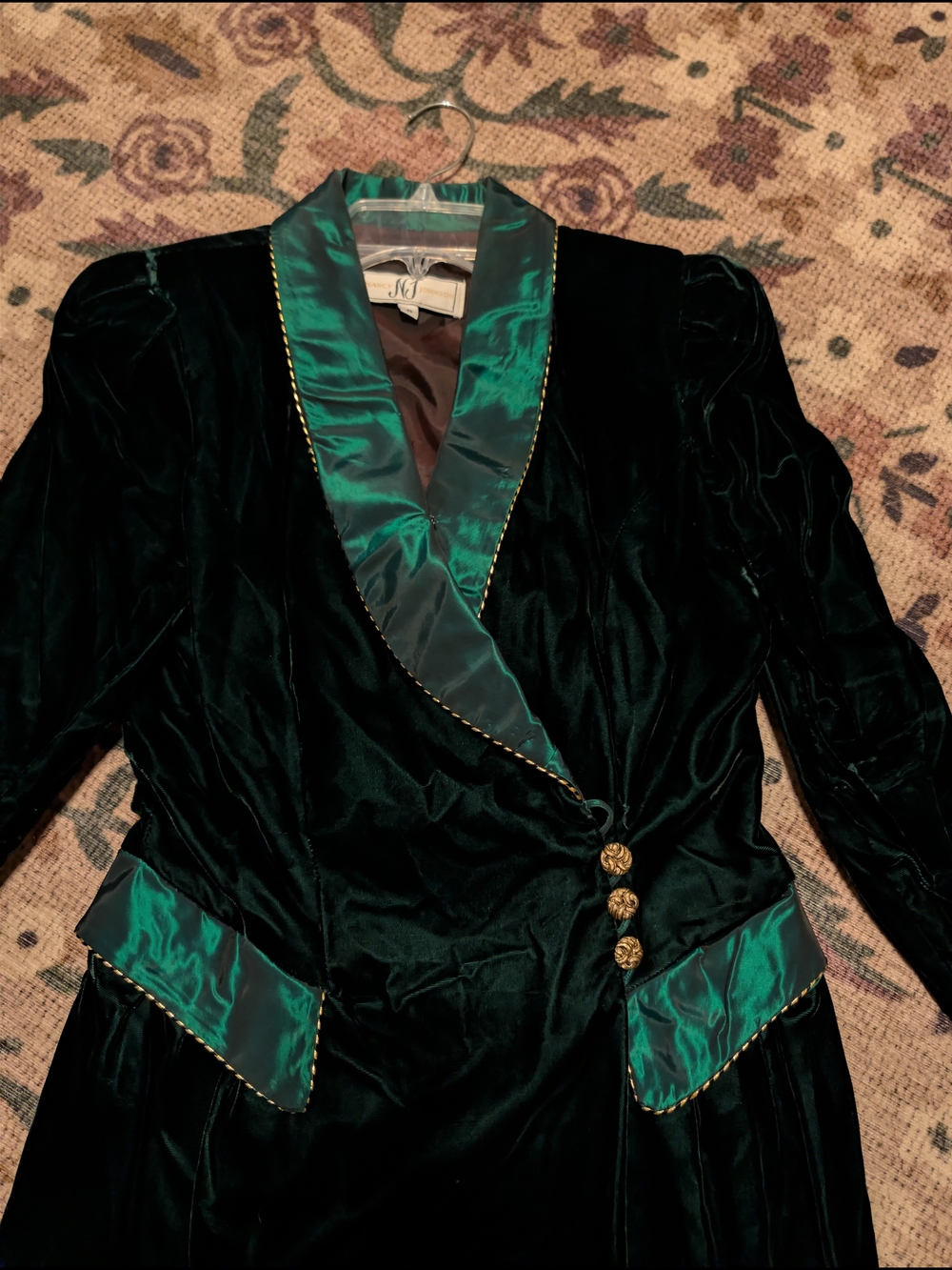 Vtg Nancy Johnson Dark Green Velvet Blazer Dress w Satin Trim Gold Buttons 6